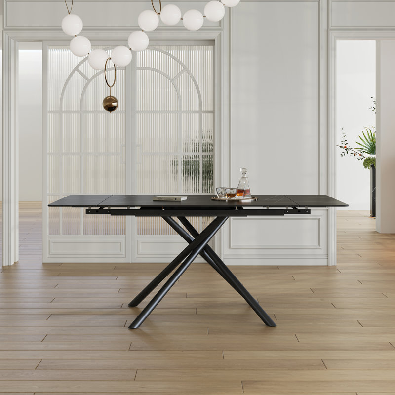 Table de salle à manger rétractable en pierre frittée avec pieds en acier, Noir