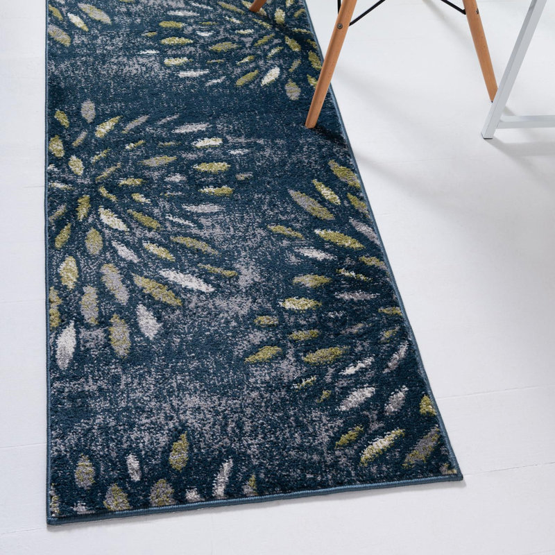 Tapis floral en polypropylène bleu / vert / gris Jaimie-Lee, Carré 5 pi 1 po, Bleu