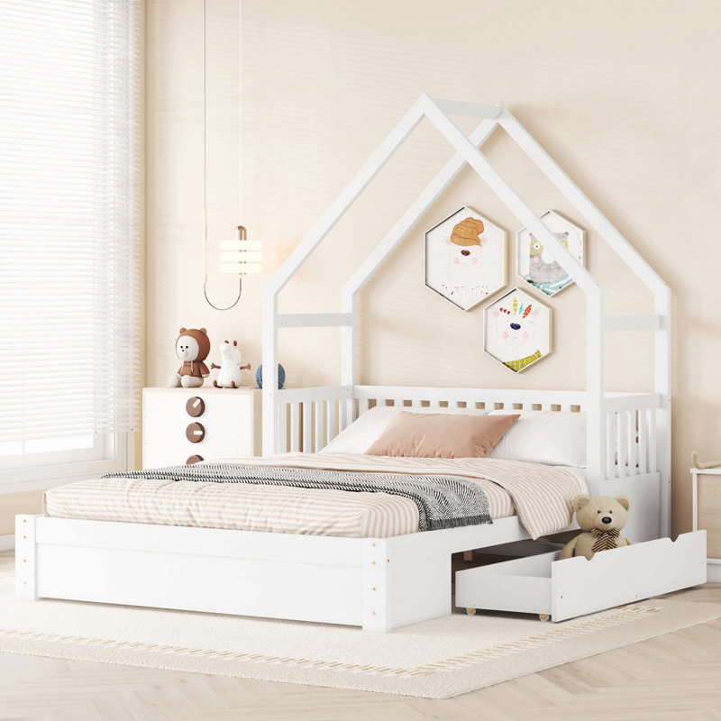 Grand lit plateforme en bois avec garde-corps et 2 tiroirs, Blanc