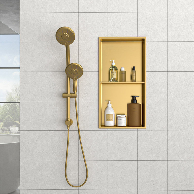 13" X 25" Stainless Steel Shower Niche Double Shelf, Gold, Gold, 13" H x 25" W x 3.94" D