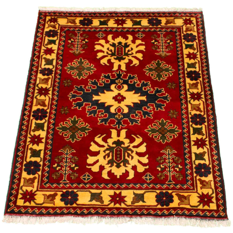 Tapis unique en laine noué à la main 3 pi 5 po x 5 pi nouvel âge Gwendell en rouge / jaune