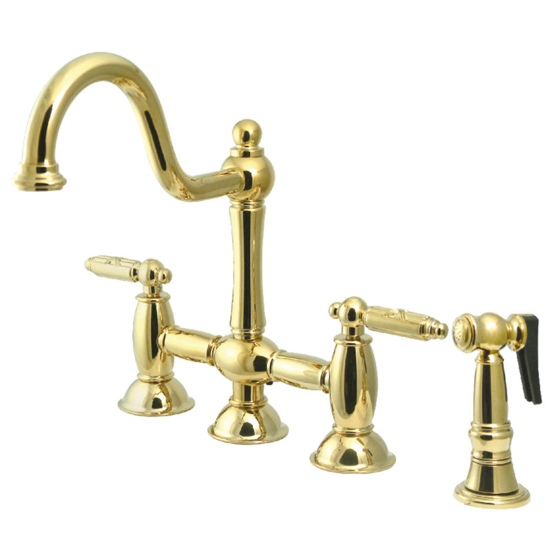 Kingston Brass Restoration Two-Handle 4-Hole Deck Mount Bridge Kitchen Faucet with Brass Side Sprayer, Polished Brass