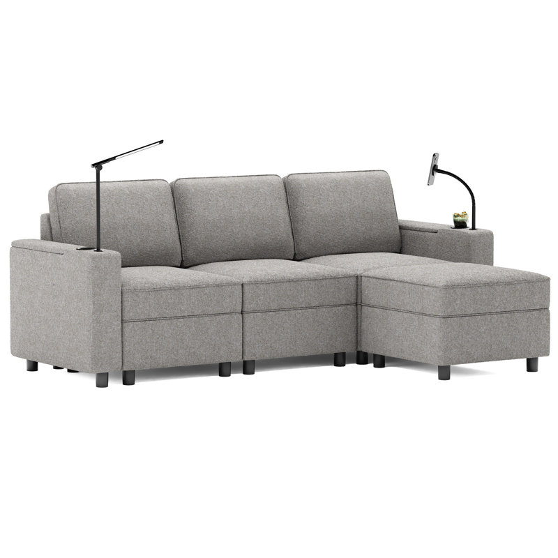 Canapé modulaire en L avec repose-pieds avec rangement Jahnvi, modulaires avec ports USB et porte-gobelet
