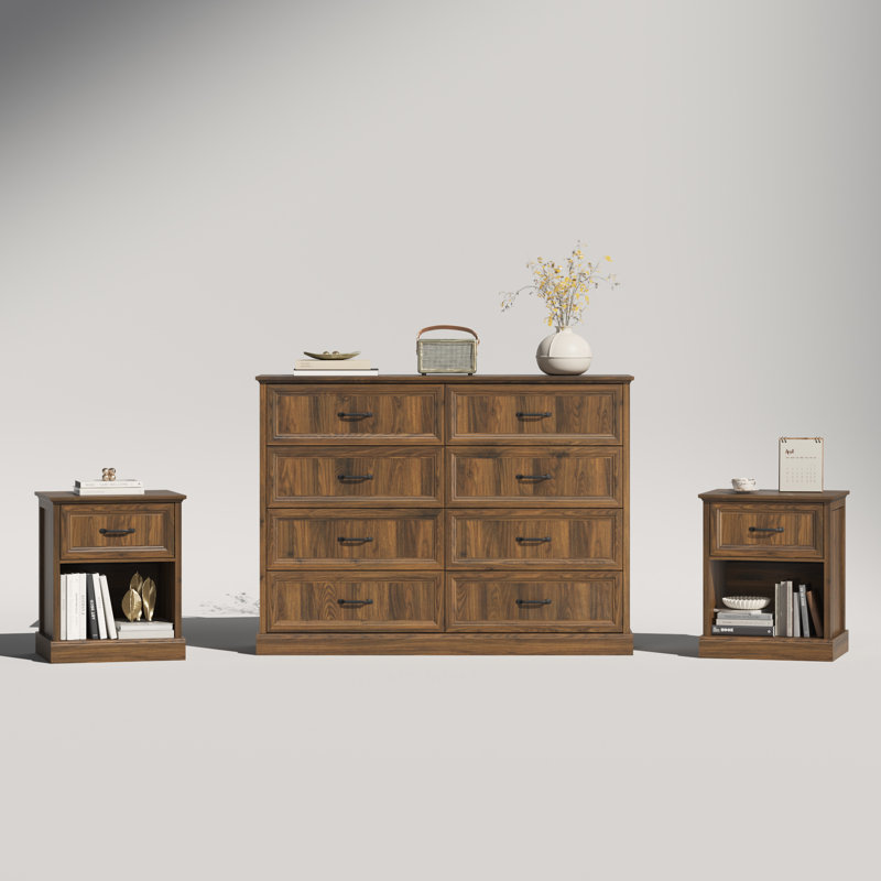 Ensemble de chambre à coucher 3 pièces, commode 8 tiroirs et 2 tables de chevet, Noyer