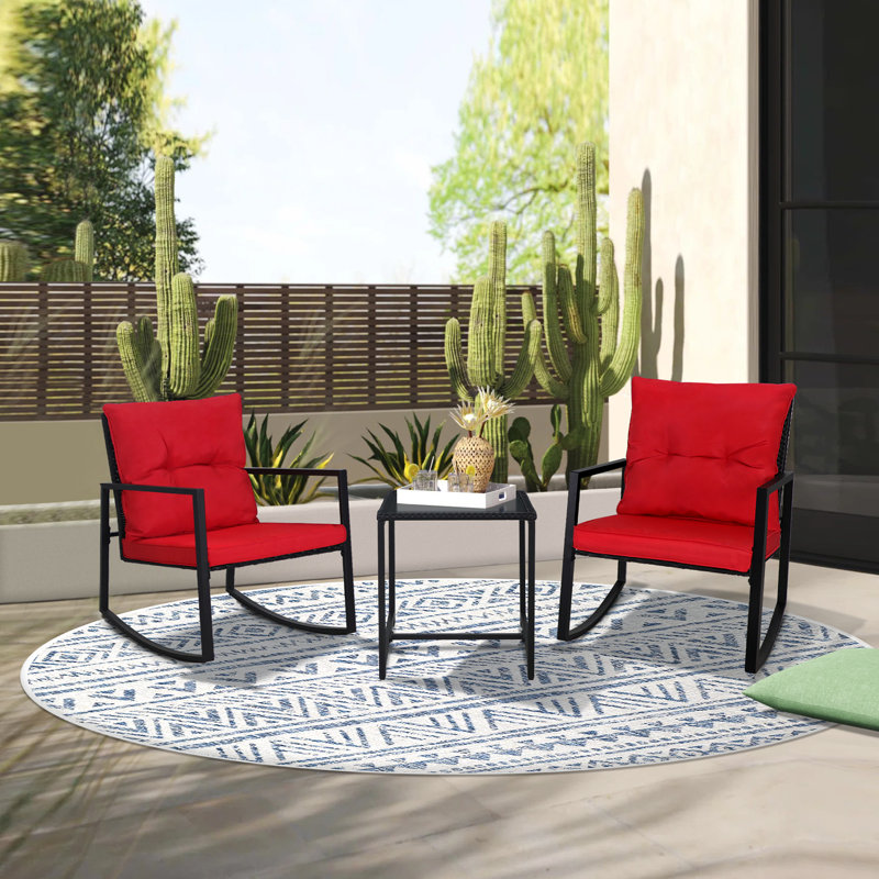 2 - Person Outdoor Dining Set, 3-Piece Outdoor Rattan Rocking Bistro Set with Cushions and Glass Coffee Table, Black, Red