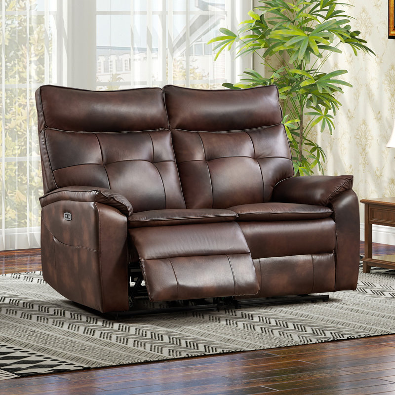 Canapé double inclinable électrique en cuir pleine fleur classique de 156 cm de large, avec port USB et poche de rangement latérale