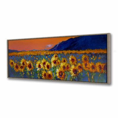 Field of Sunflowers - Contemporary Mountains Framed Canvas Art