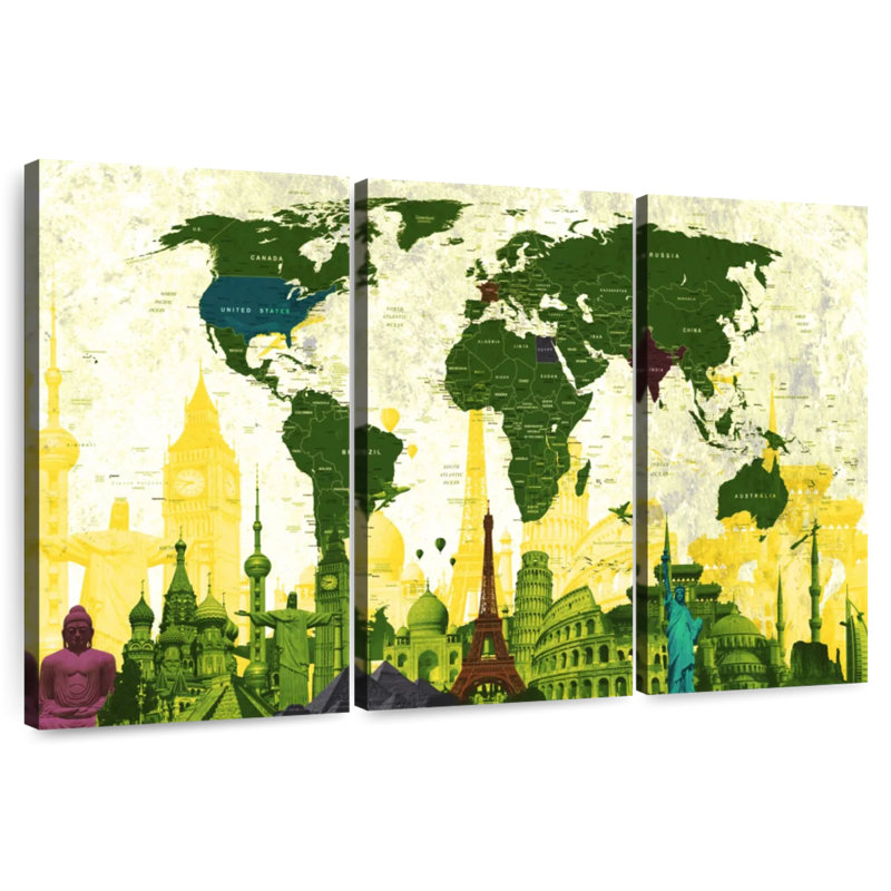Aliaz Country Landmarks World Map, 20" H x 33" W