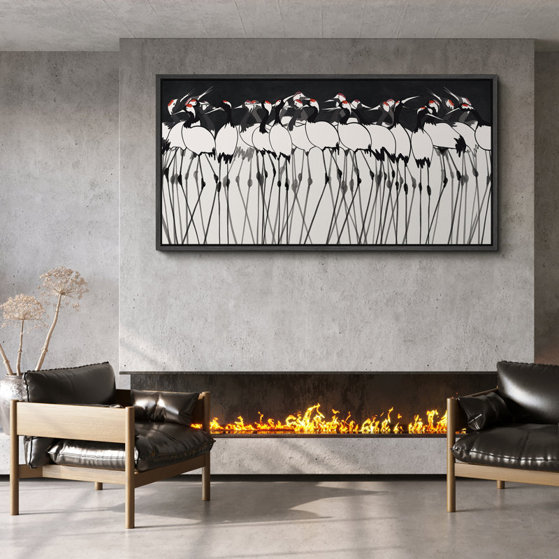 Cranes in Formation, toile encadrée - Illustration d'oiseau moderne en noir et blanc, Noir, H 30 po x l 60 po