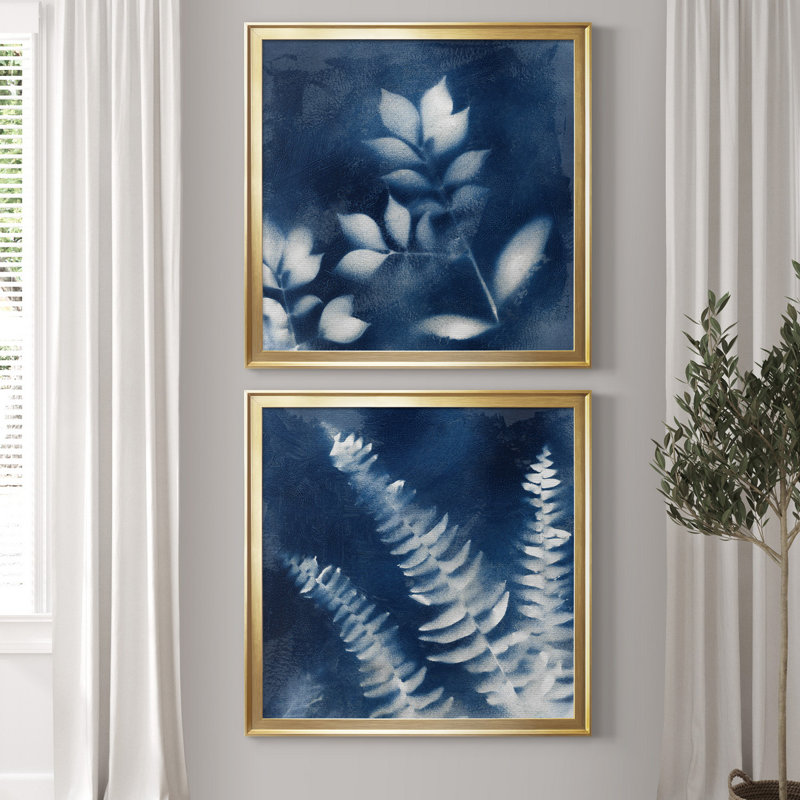 «Nature's Indigo III», ensemble de 2 reproductions d'art encadrées, H 26,5 po x l 53 po x P 1,5 po, Toile encadrée dorée