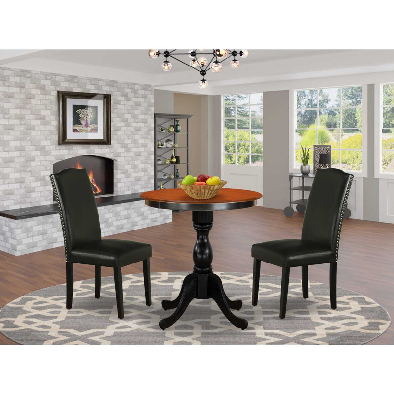 3-Piece Black and Cherry Finish Solid Wood Top - Upholstered Dining Room Set with High Back - (Seats-4), Cherry, Black