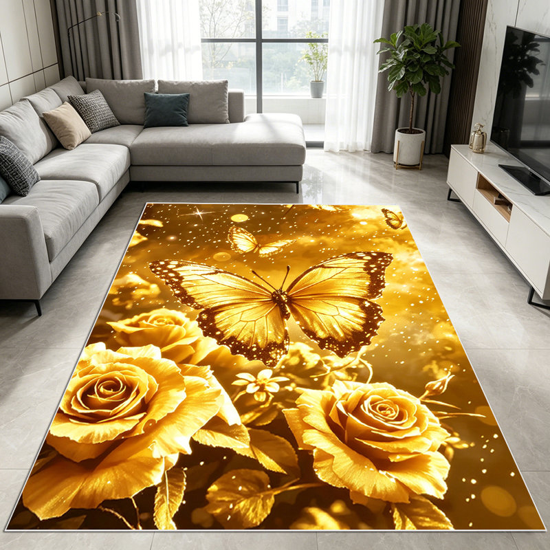 1PC Luxury Sparkling Golden Rose Butterfly area rugs for Living Room, Soft, All seasons, Easy-maintain, Washable Indoor mat, Farmhouse suitable for dining table, entryway, bedroom, kitchen, hallway, patio, Home Decor, Outdoor Decor.