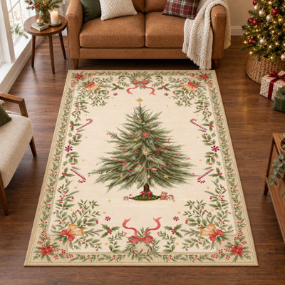 Tapis de Noël lavable, antidérapant, à poils courts, avec bordure de houx et de cannes de Noël, tapis saisonnier pour salon et chambre.