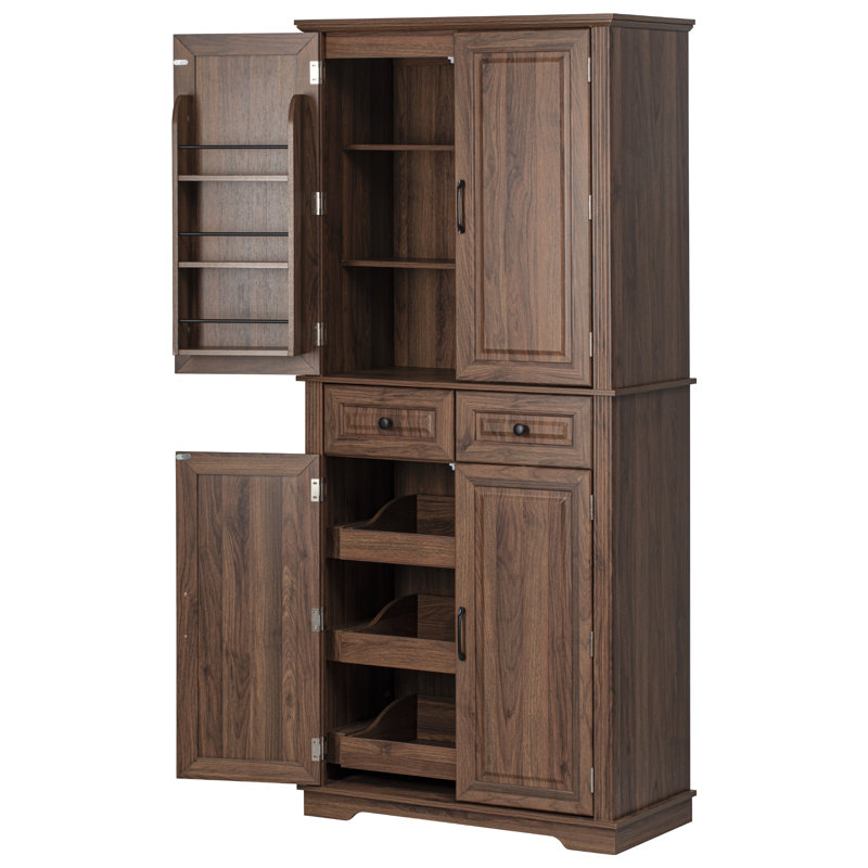 Armoire de rangement 71 pouces à texture de style campagnard en relief, idéale pour les cuisines et les salles à manger, Brun