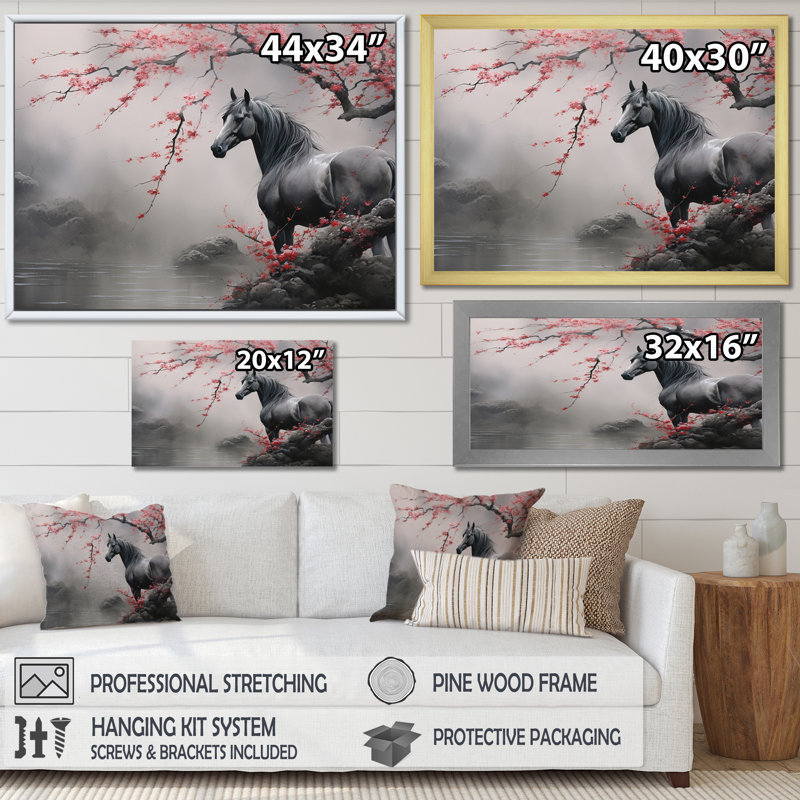 Art asiatique, cheval gris I - art mural cheval, H 24 po x l 32 po x P 1 po, Encadrement argenté