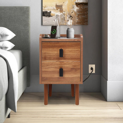 Narrow Nightstand With Drawers And Charging Station