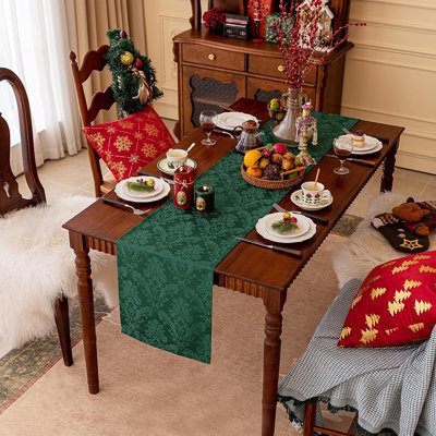 Chemin de table de Noël vert, chemin de table floral damassé imperméable pour Noël, fête d'hiver, fête, cuisine, salle à manger, décoration de table (14 x 36 po)