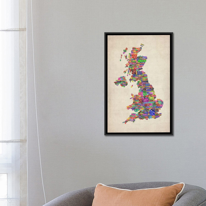 « great uk city text map iv » par michael tompsett, art textuel sur toile, H 26 po x l 18 po x P 1,5 po, Pas de tapis