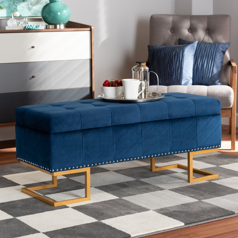 Velvet Tufted Rectangle Solid Colour Ottoman with Storage, Navy Blue