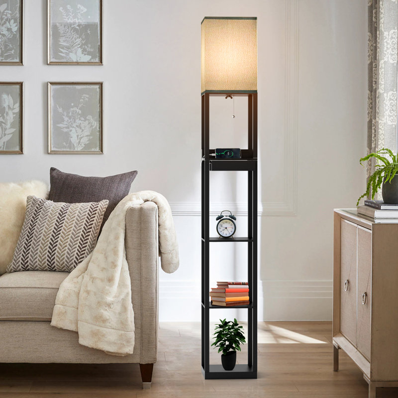 Lampe sur pied colonne 67 "avec tablettes, bois massif, ports USB, tiroir de rangement et ampoule incluse, Gris