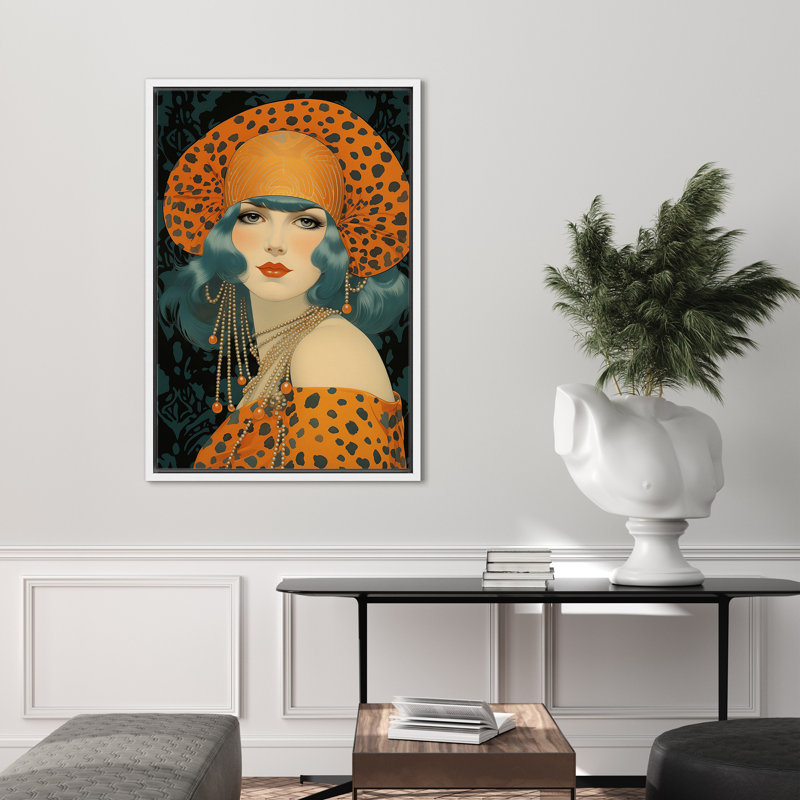 "Elegance Fashion Orange Polka Dot Hat Lady Portrait Girl's Art", reproduction d'art sur toile encadrée, Cadre blanc
