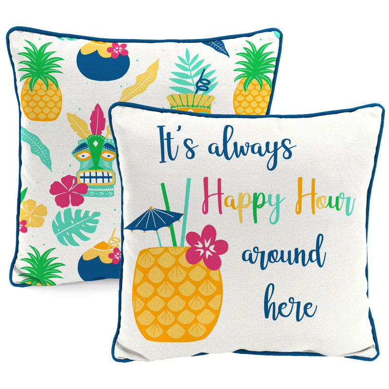 16" x 16" Outdoor Throw Pillow with Welt, Happy Hour Reversible