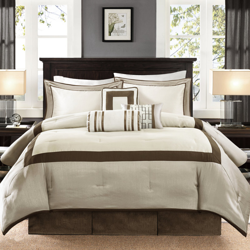 Édredon 7 pièces pour grand lit, couleurs taupe / brun, rembourrage, coussins décoratifs inclus, pièce, ruban, taies décoratives