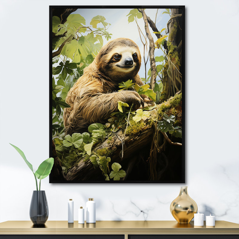 Karakoumi Sloth Slumbering Pastoral, reproduction d'art sur toile, H 20 po x l 12 po x P 1 po, Cadre flottant noir