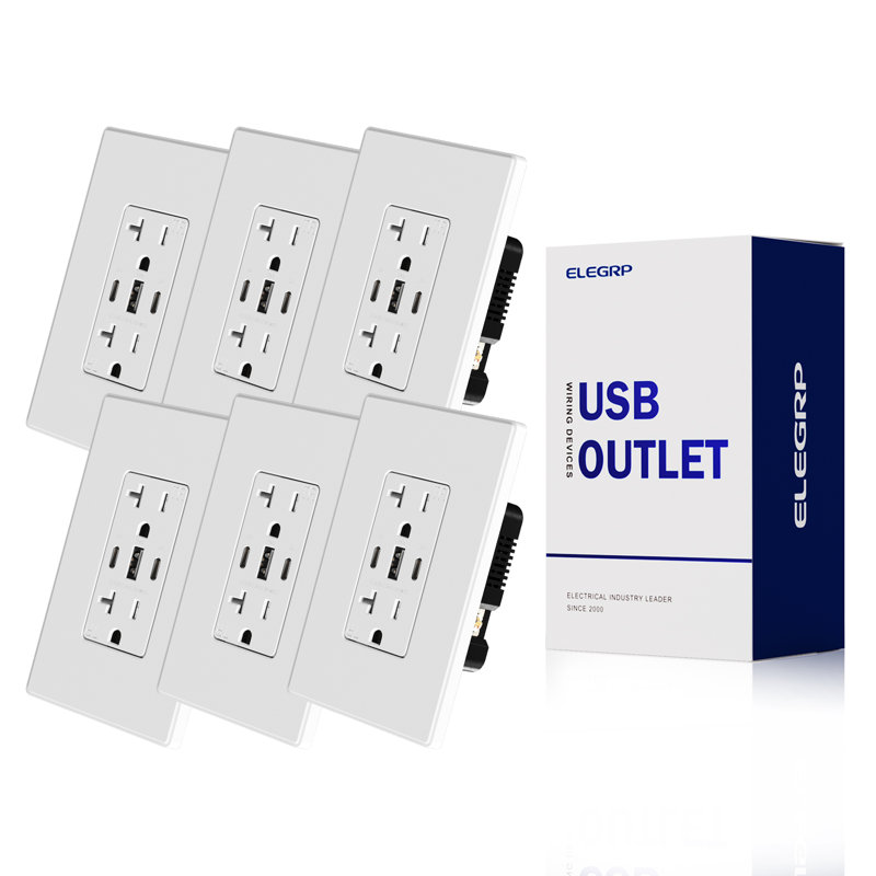 Prise murale USB avec 30 ports 6,0 ampères à 3 ports double type C et A, fiche de branchement inviolable 20 ampères homologuée UL, avec plaque murale, blanc mat, paquet de 6