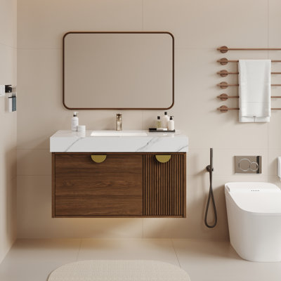 35.43” W x 21.65” D Modern Wall-Mounted Bathroom Vanity with sintered stone top and Undermount Sink Floating Vanity