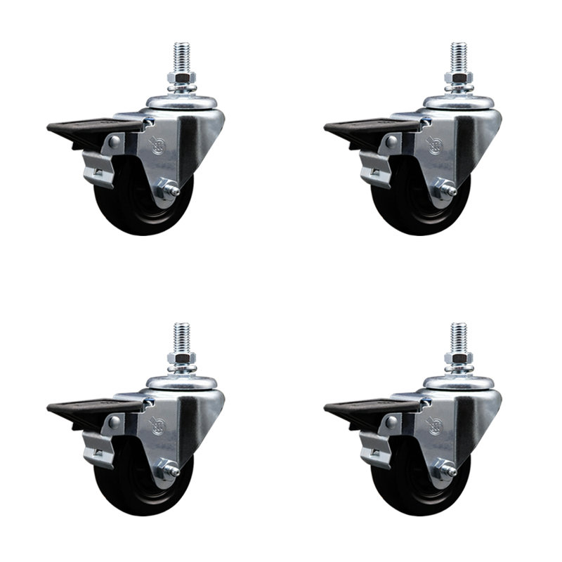 3 Inch Hard Rubber ½ Inch Threaded Stem Caster Set with Brake