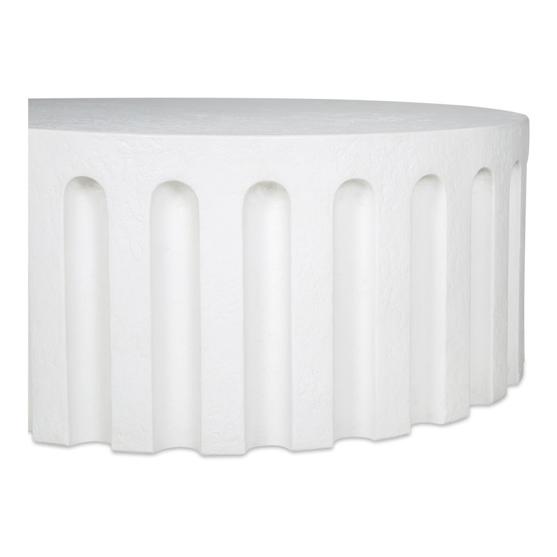 White Round Concrete Outdoor Coffee Table with Fluted Design