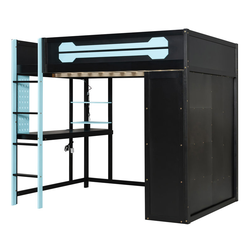 Lit mezzanine double en bois avec bureau, garde-robe ouverte et lumière RVB bleue, Bleu