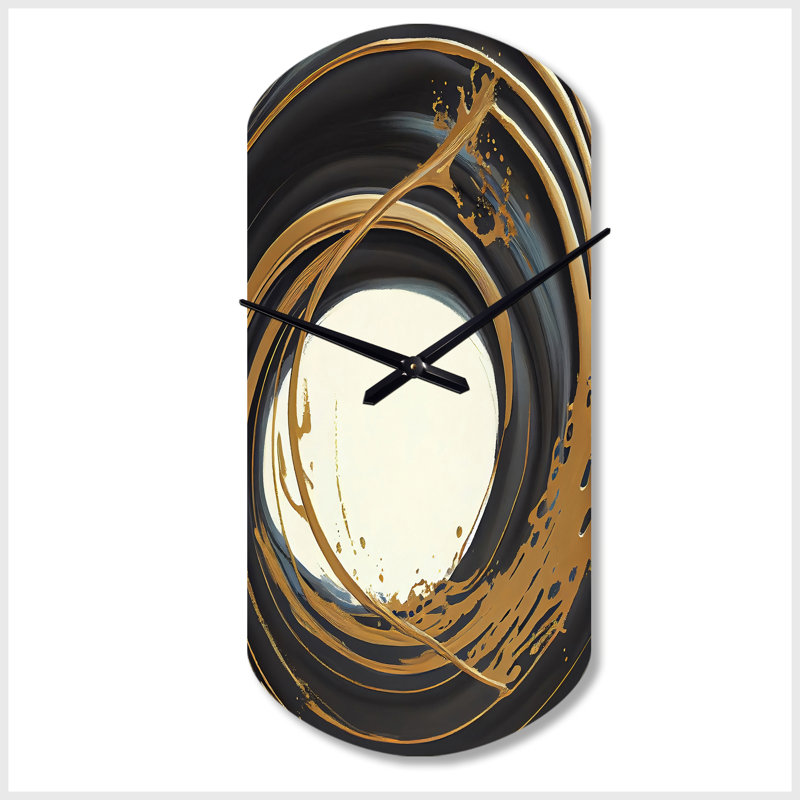 Cercle noir et or II - horloge murale cylindrique en spirale abstraite, impression d'horloge murale asymétrique moderne
