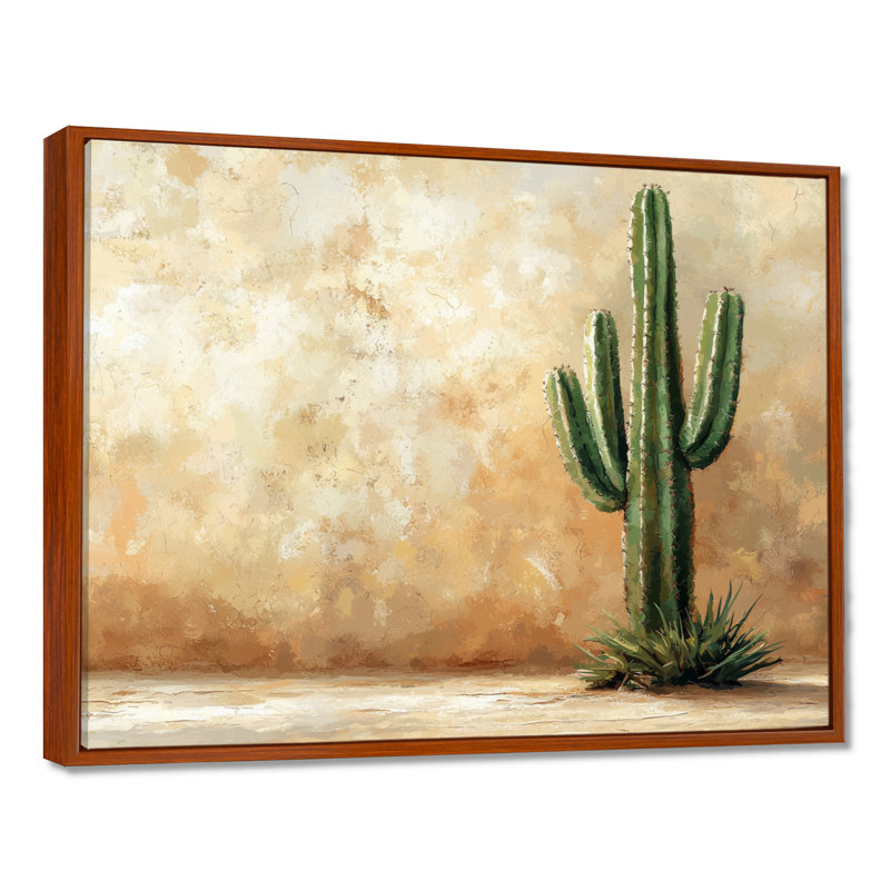Cactus dans le désert VI - art mural cactus, H 30 po x l 40 po, Cadre flottant, Brun