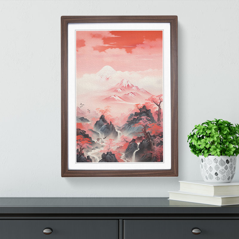Japanese Mountains Contemporary No.2 - Single Picture Frame Print on Wood, Walnut , 46cm H x 34cm W x 2cm D
