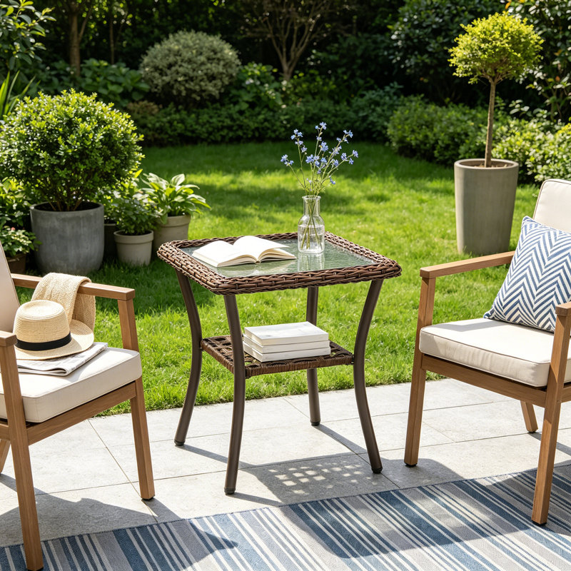 Table d'appoint d'extérieur en osier, table de bout carrée en rotin PE toutes saisons avec plateau en verre trempé, petite table de patio pour piscine, balcon, terrasse, porche | Brun