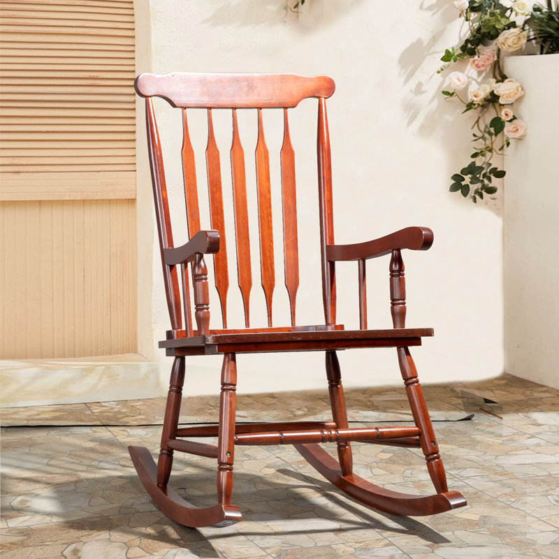 Brown Solid Wood Patio Rocking Chair with Arms