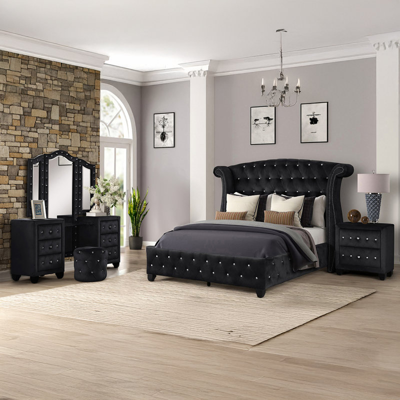 Rausch 4 Pc Bedroom Set, Queen, Cream, 4 Pcs: Bed, Nightstand, Mirror, Dresser