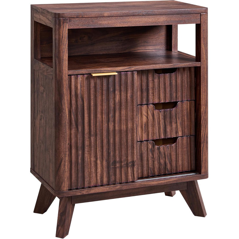 Modern Fluted Bathroom Cabinet With Sliding Door And 3 Drawers, Adjustable Shelf & Faux Marble Top, Curved Profile Storage Organizer For Bathroom And Kitchen