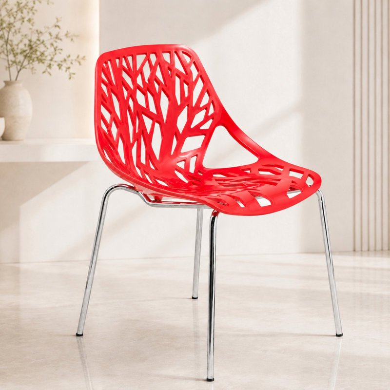 Chaise de salle à manger empilable Asbury avec dossier à découpes florales et pieds en acier inoxydable, Rouge, 1