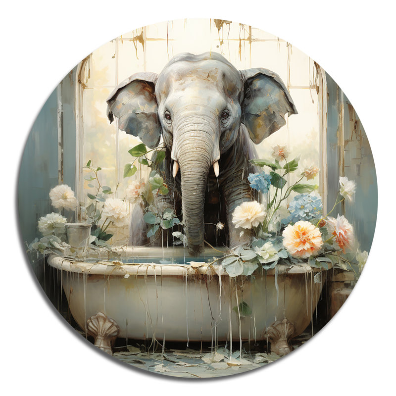 «Bathroom Elephant Escape III - Humour», art rond en métal, H 16 po x l 16 po