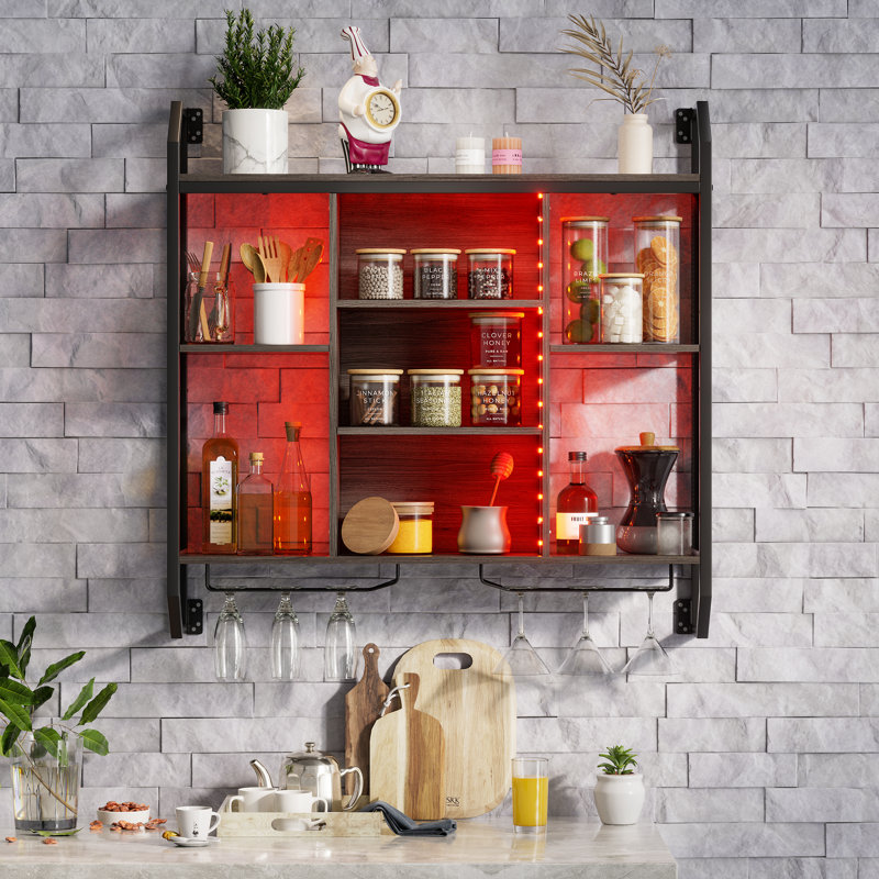 Wine Rack Wall Mounted Bar Shelf With LED Light,Floating Bar Shelves With Wine Glass Holder,Wine Storage Racks,Iron Liquor Bottle Display Shelf For