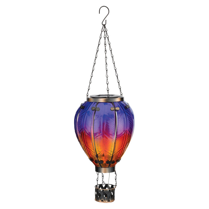 Lanterne ballon à air chaud solaire suspendue 23,5 "avec panneaux de verre et cadre en métal, Mauve