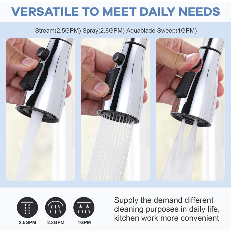 Tête de douchette extractible 3 fonctions pour robinet de cuisine avec 9 adaptateurs, Chrome poli