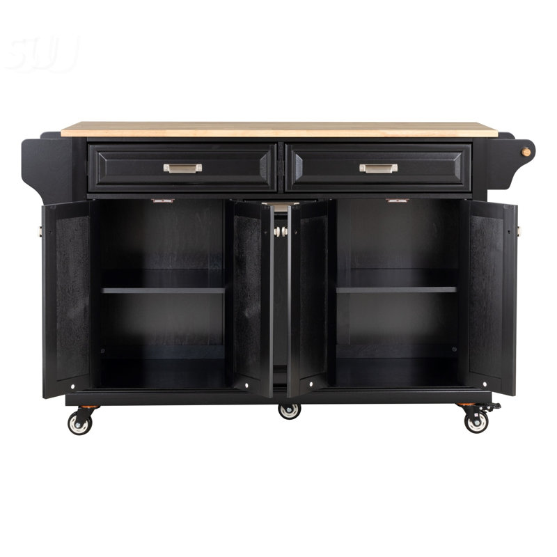 Kitchen Island with Rubber Wood Countertop, Spacious Storage, and 5-Wheel Mobility for Enhanced Functionality and Convenience in Dining Areas.