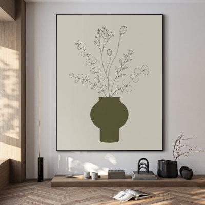 Très grand art mural imprimé sur toile - Élégant dessin au trait d'un arrangement floral séché dans un vase olive pour le salon ou la chambre à coucher - «Assemblage requis du cadre (cadre non fini)»