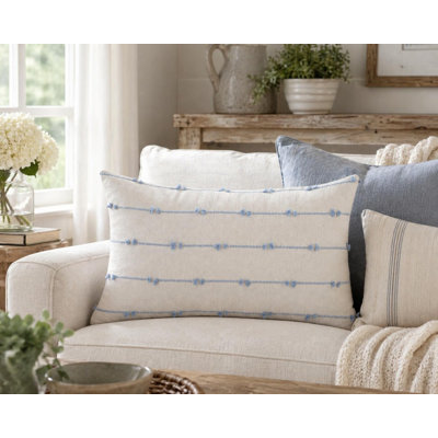 Sky Blue Stitch Line Decorative Throw Pillow With Insert 12" X 20" - Frayed Striped Accent Pillow, 1-pack