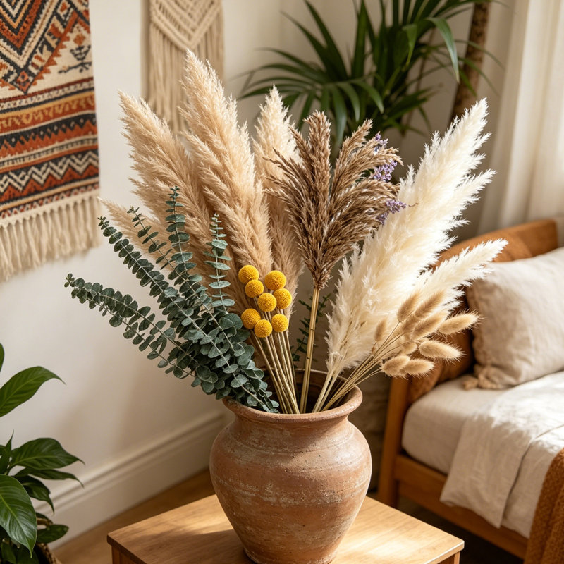 Bouquet d'herbes de pampas séchées - décor d'herbe de pampas boho 100% naturel pour la maison, grandes fleurs séchées pour vase, décor de chambre côtière et scandinave, centre de table de mariage, pampas blanches avec eucalyptus