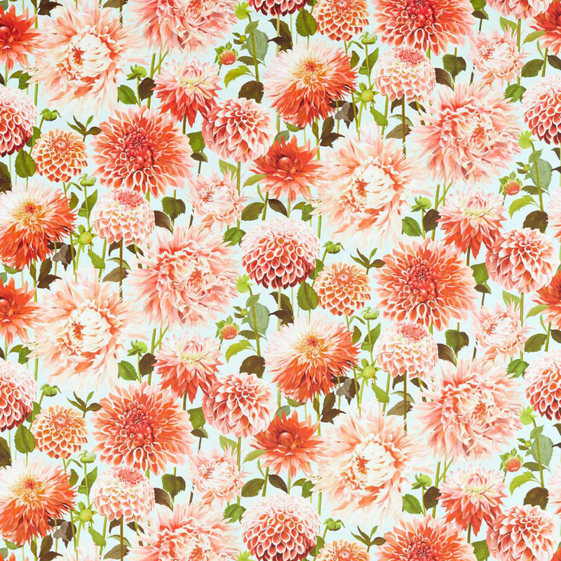Dahlia Fabric, Coral/Fig Leaf/Sky